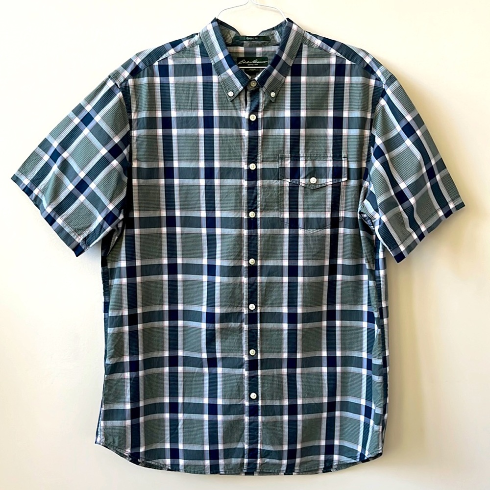 Eddie Bauer Short Sleeve Plaid Button Up Collared Shirt XL TALL